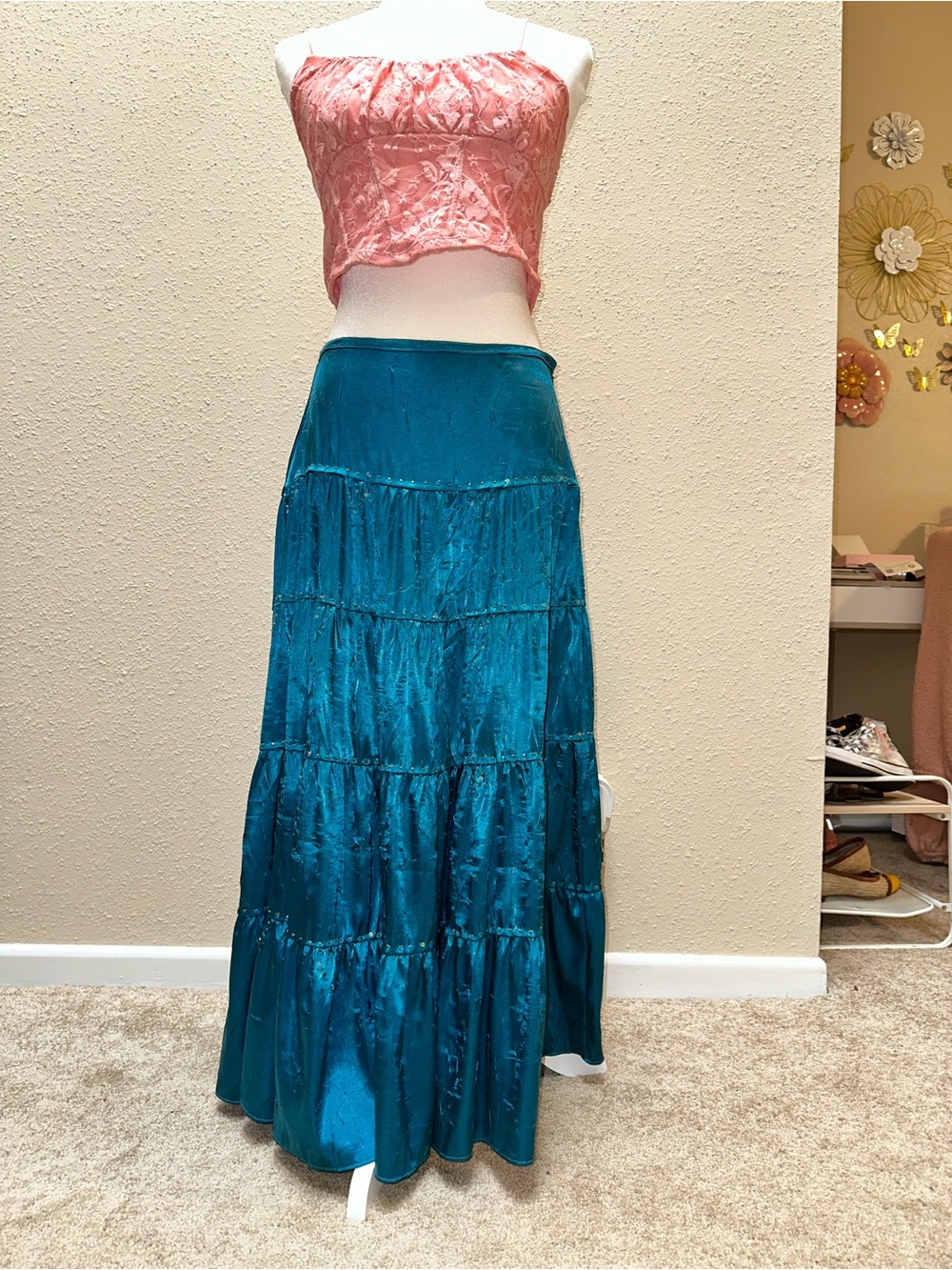 Vintage Y2K Satin Tiered Embellished Maxi Skirt Teal Boho Hippie Gypsy Sz Medium - Picture 3 of 8
